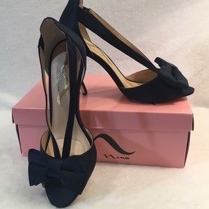 Nina blue navy high heel peep toe bow shoes Sz 9M